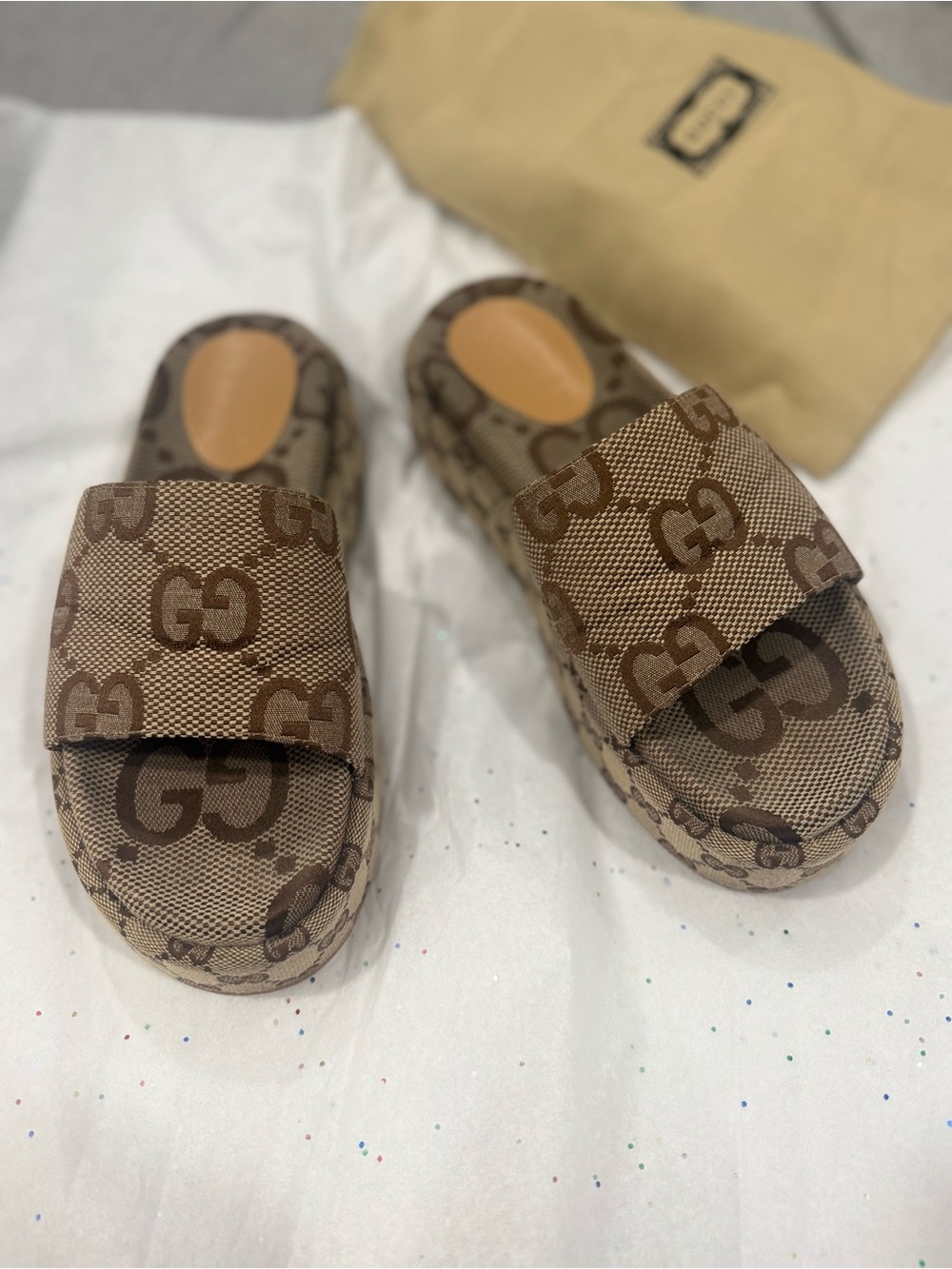 Gucci Brown Monogram Platform Slide Mules